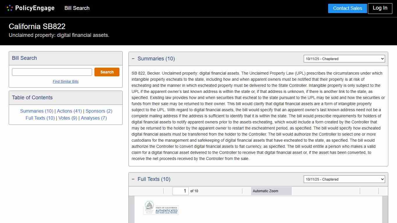SB822 California 2025-2026 Unclaimed property: digital financial assets. - Legislative Tracking PolicyEngage