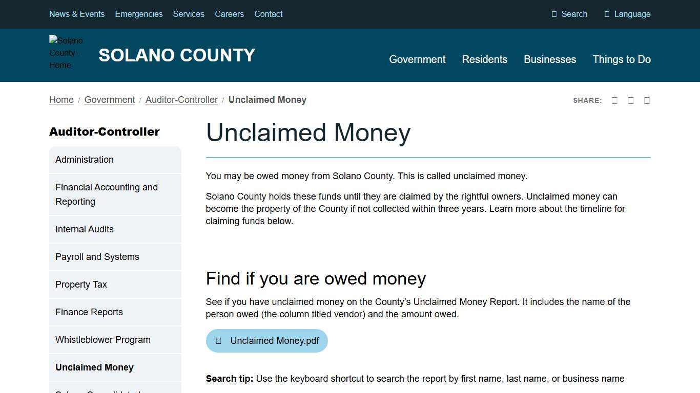 Unclaimed Money Solano County, California